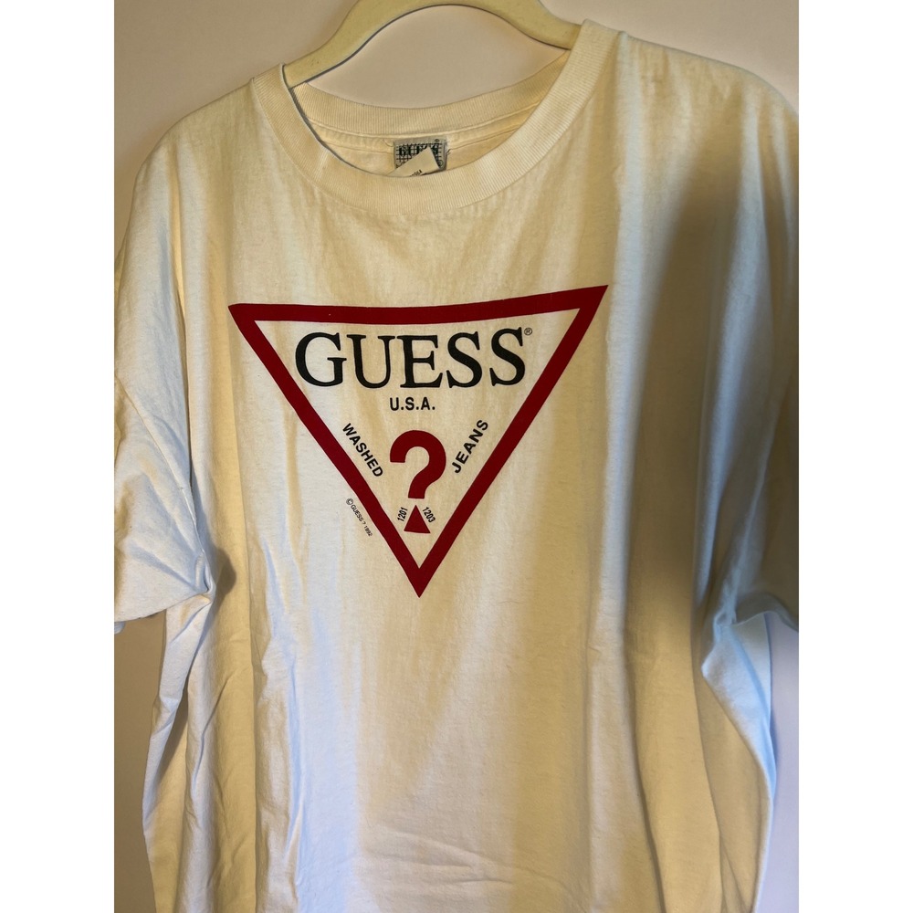 Vintage Guess Cotton White T Shirt 90s Red Logo Deadstock Unisex Large - Picture 2 of 5